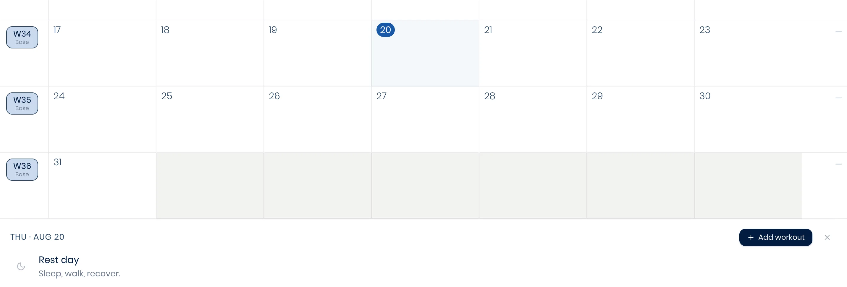The Add workout button on an athlete's monthly calendar