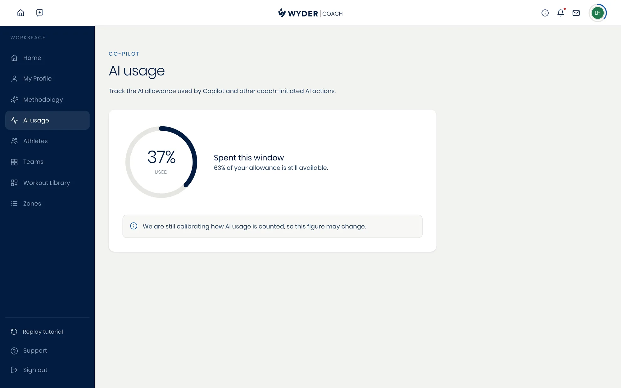 The AI usage page, showing how much of the current window has been spent