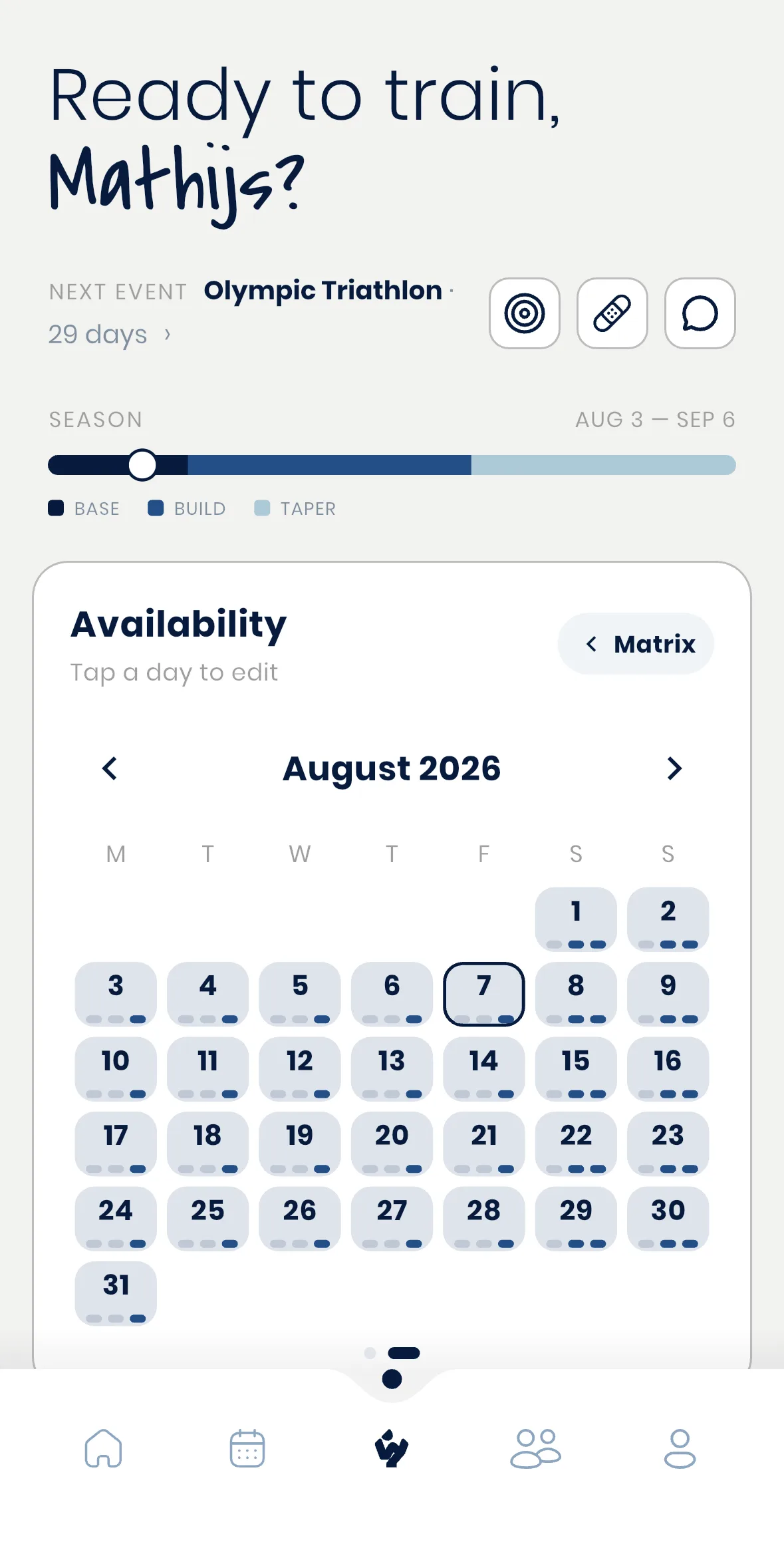 An athlete's availability matrix, viewable and editable at any time from their plan overview