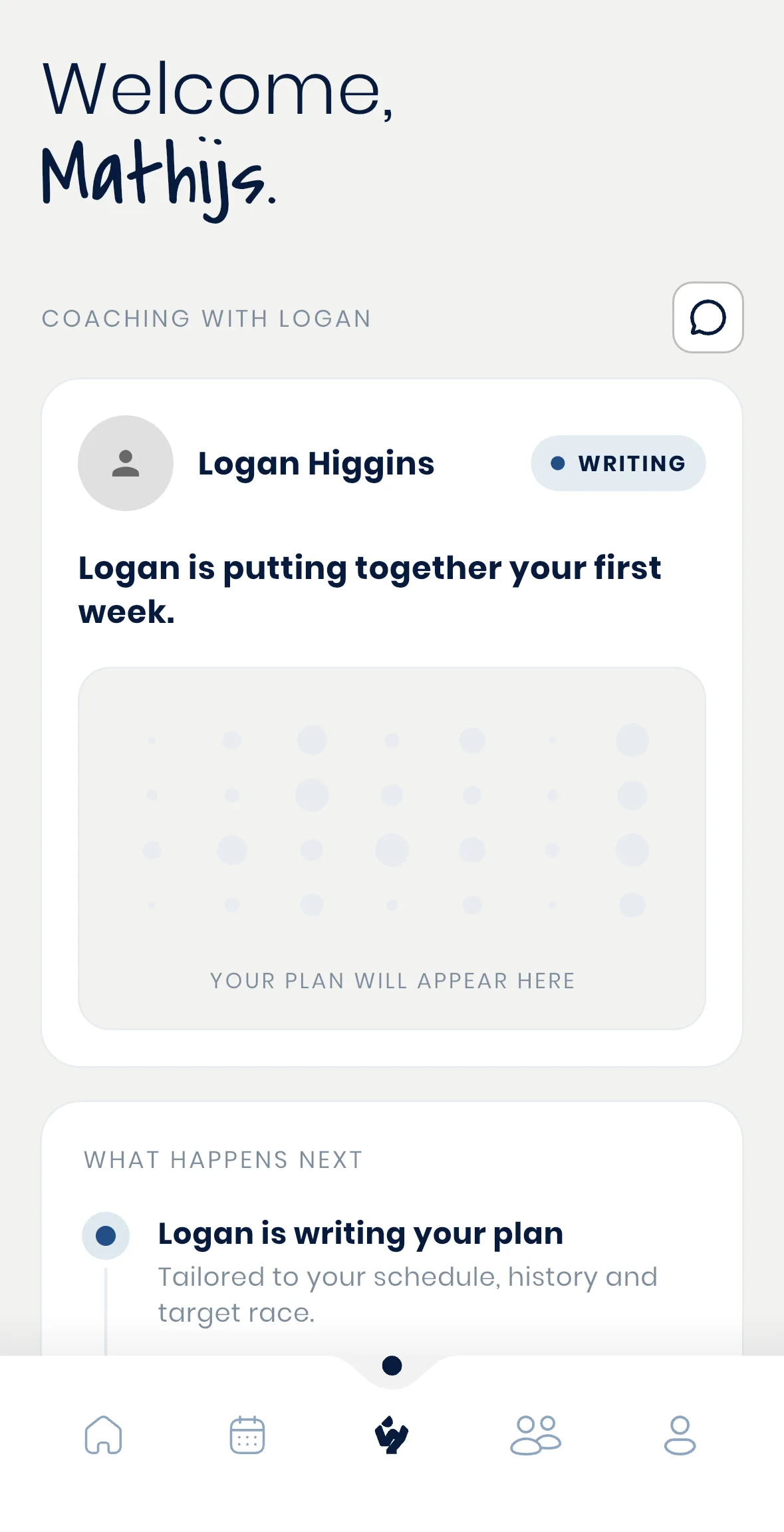 An athlete's app right after setup, confirming their coach is putting together their first week