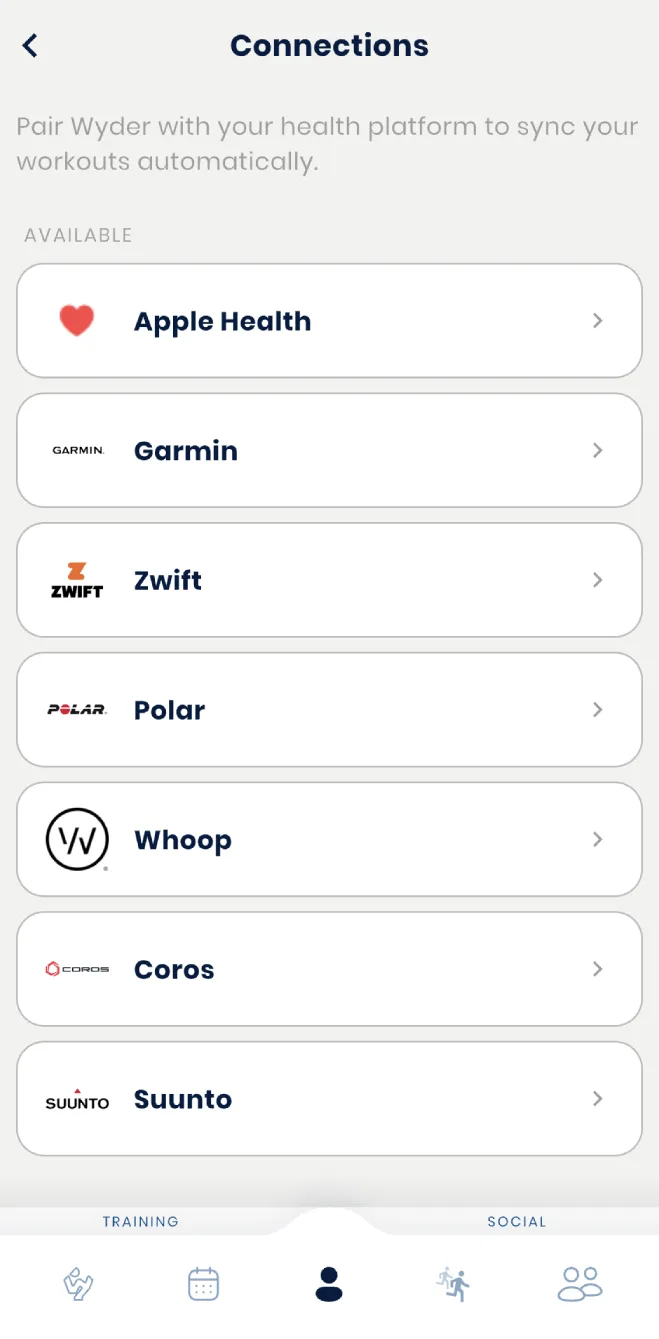An athlete's device connections in their app settings, where they can connect or manage a wearable at any time