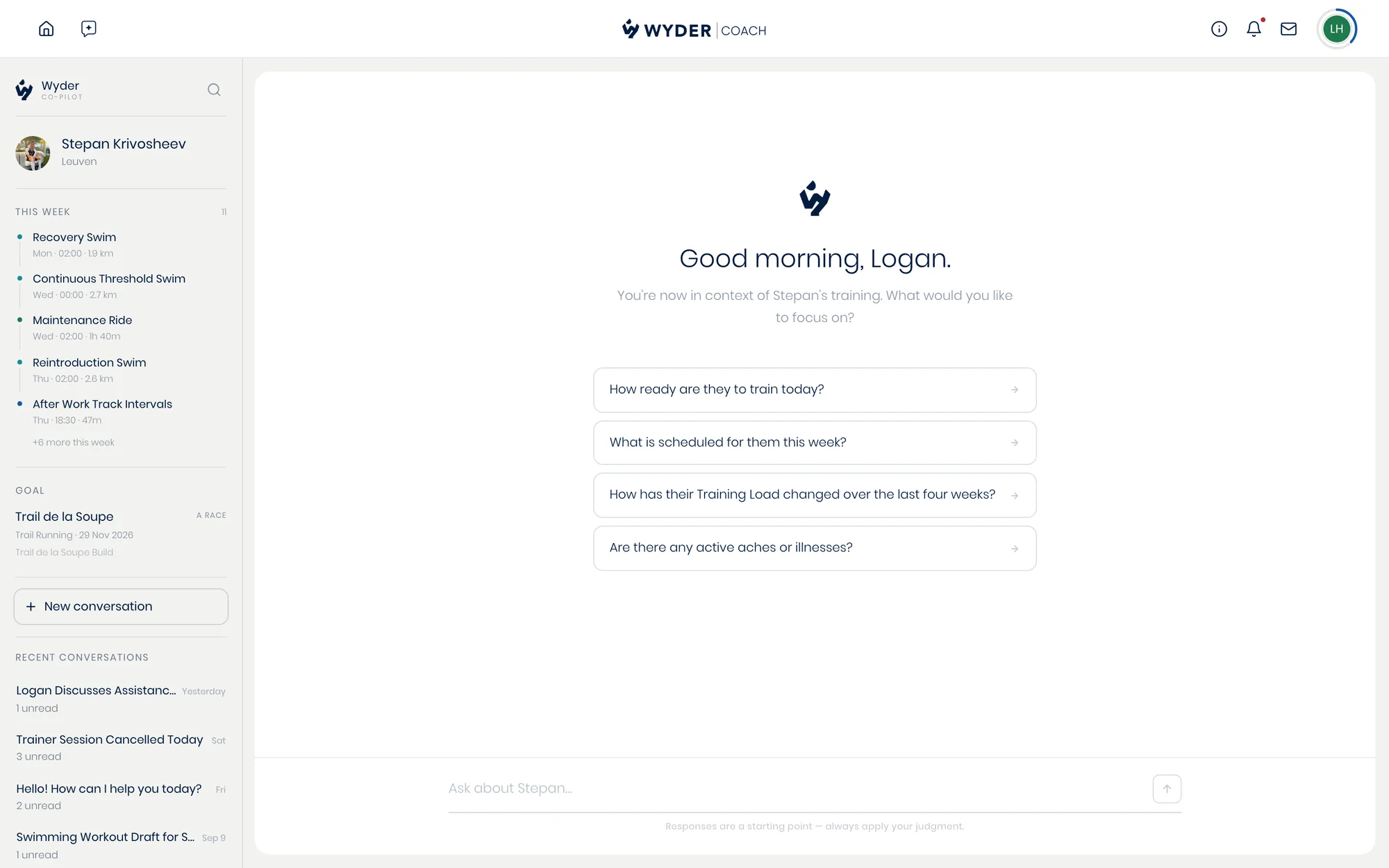 The athlete-scoped co-pilot, opened from an athlete's page and already in their context