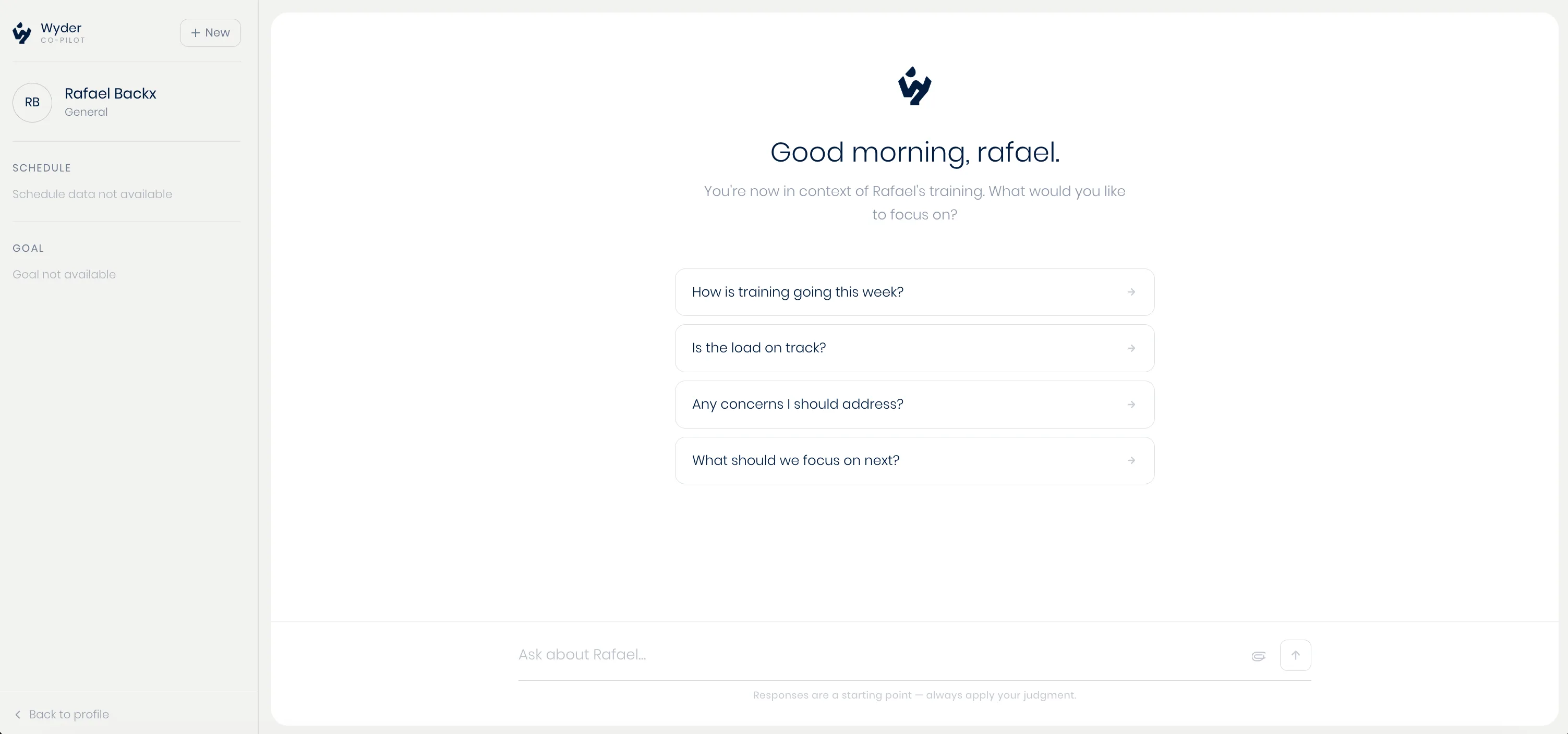 The athlete-scoped co-pilot, opened from an athlete's page and already in their context