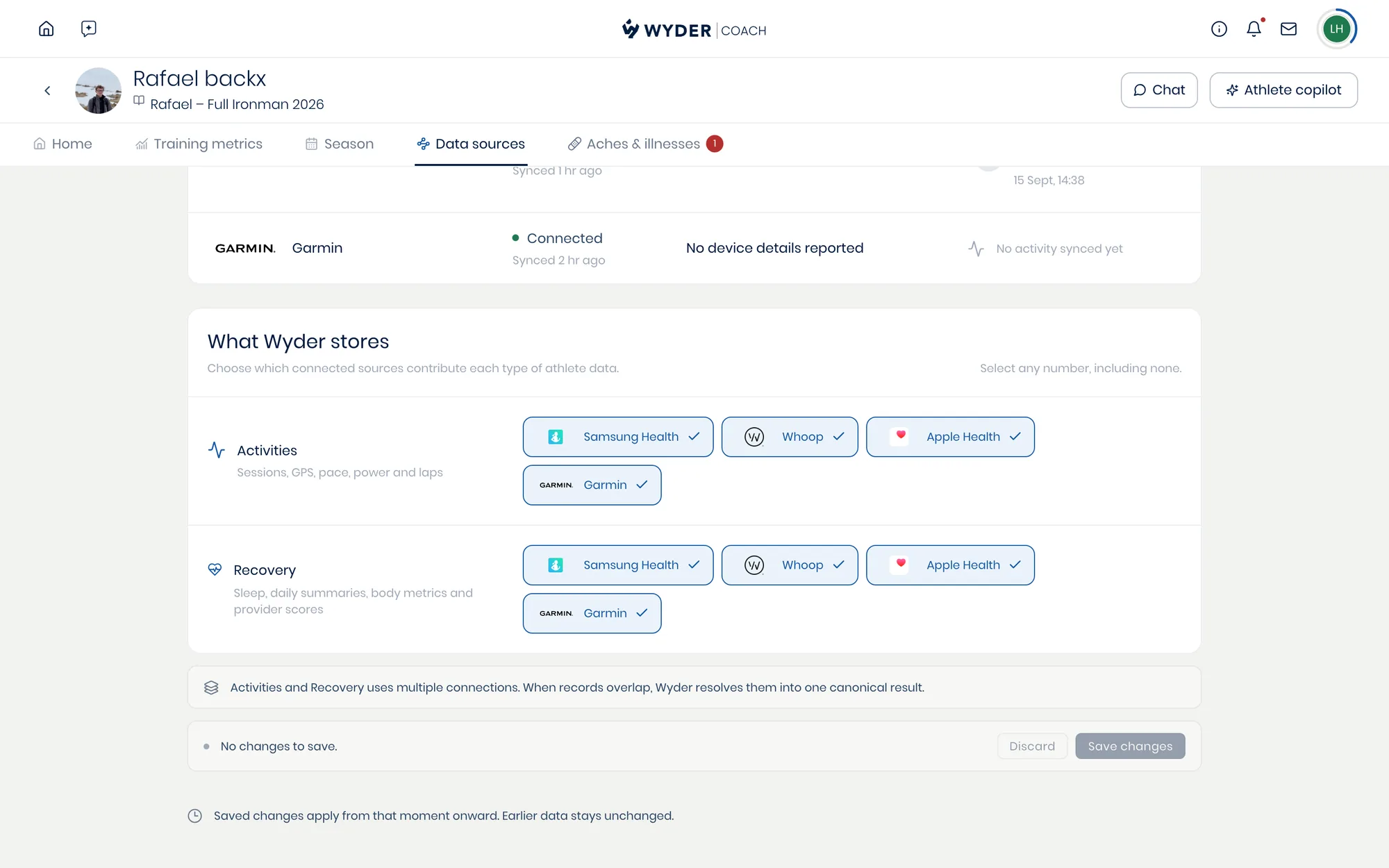 The What Wyder stores panel, choosing which connected sources feed Activities and Recovery