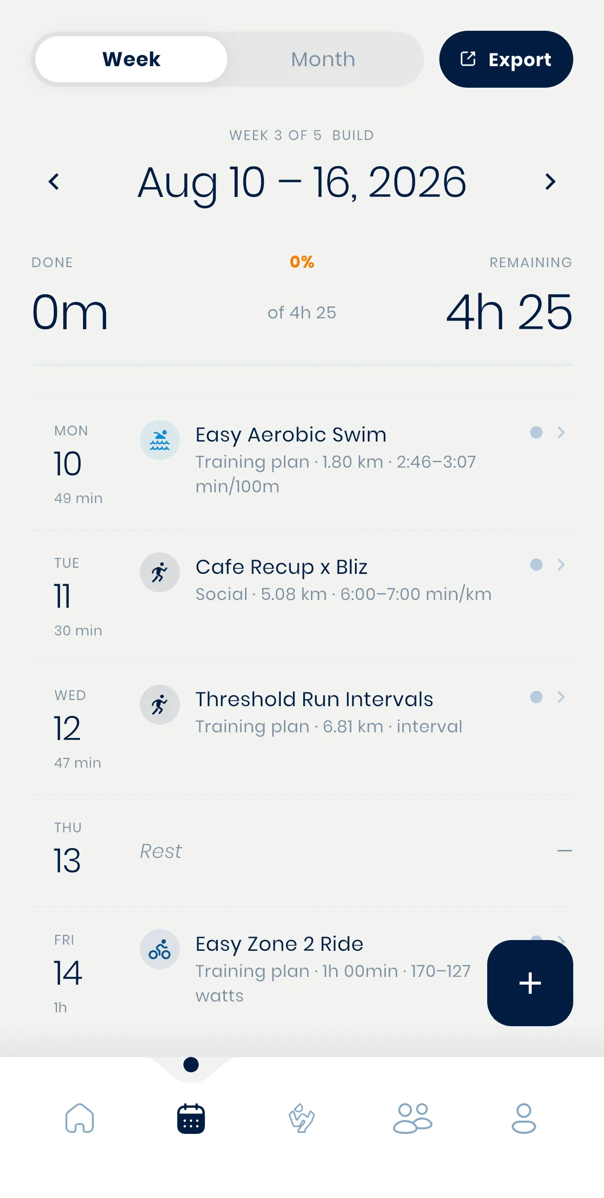 An athlete's own weekly view of their scheduled plan in the Wyder app