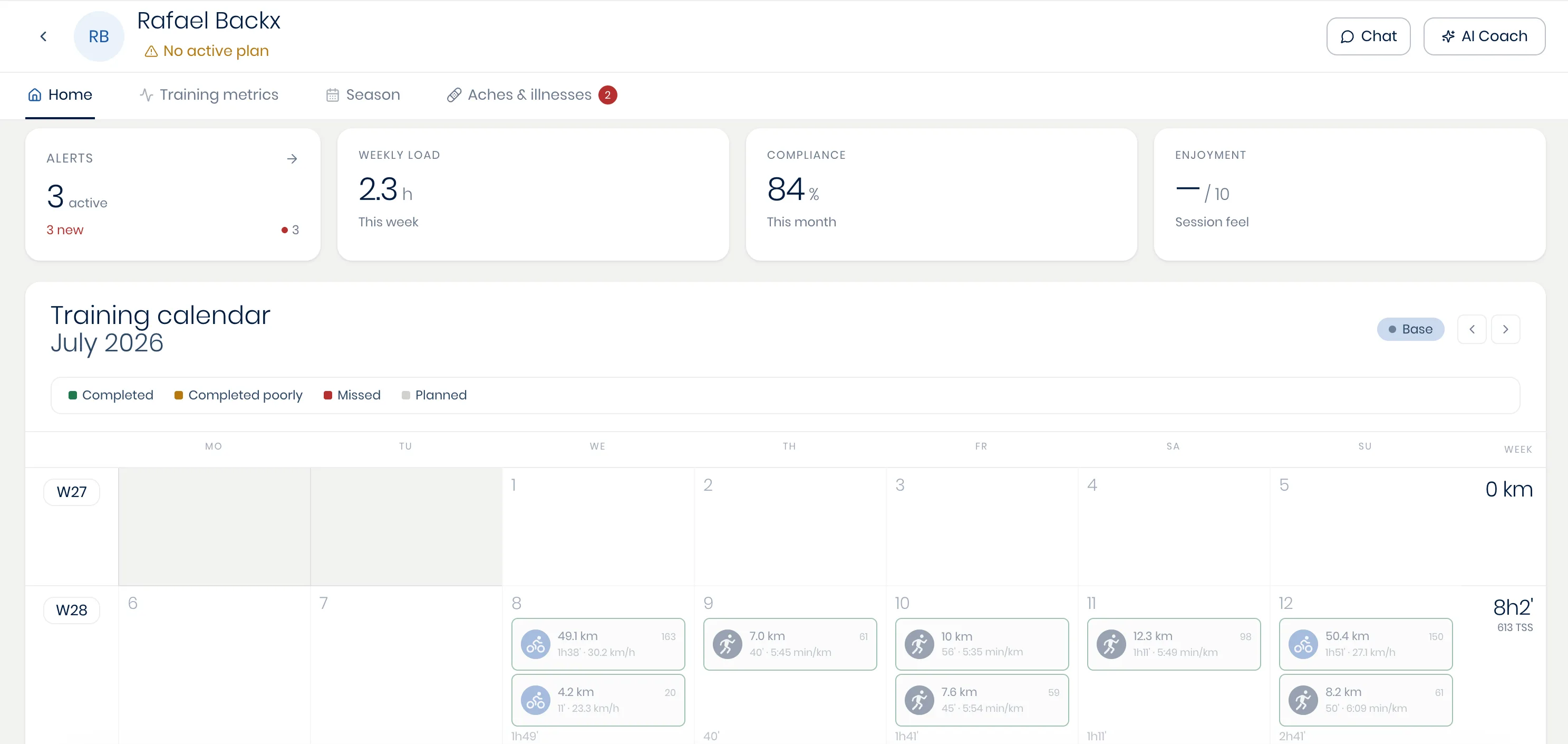 An athlete's page, showing the Home, Training metrics, Season, and Aches & illnesses tabs