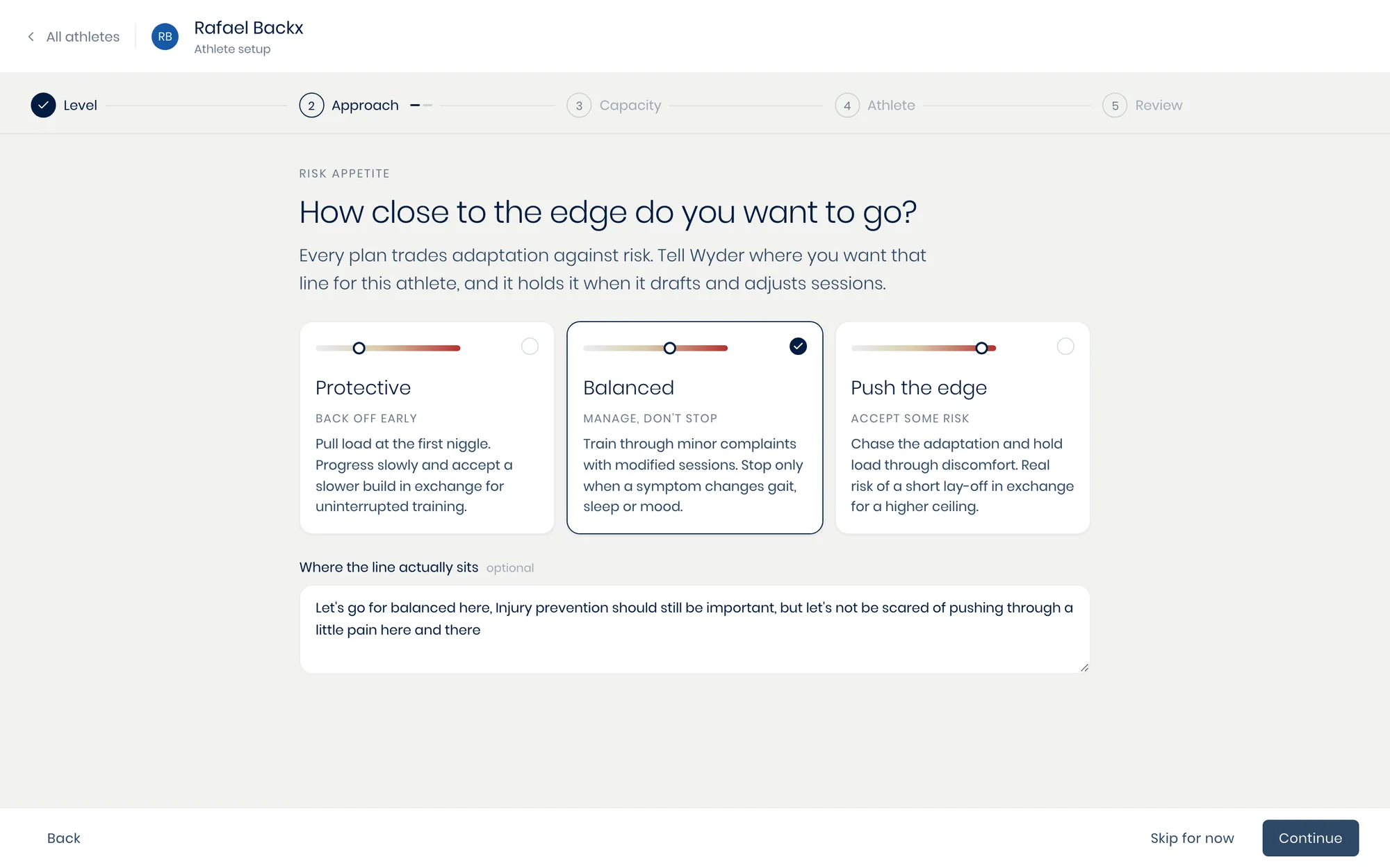 The Risk appetite step: Protective, Balanced and Push the edge, with Balanced selected