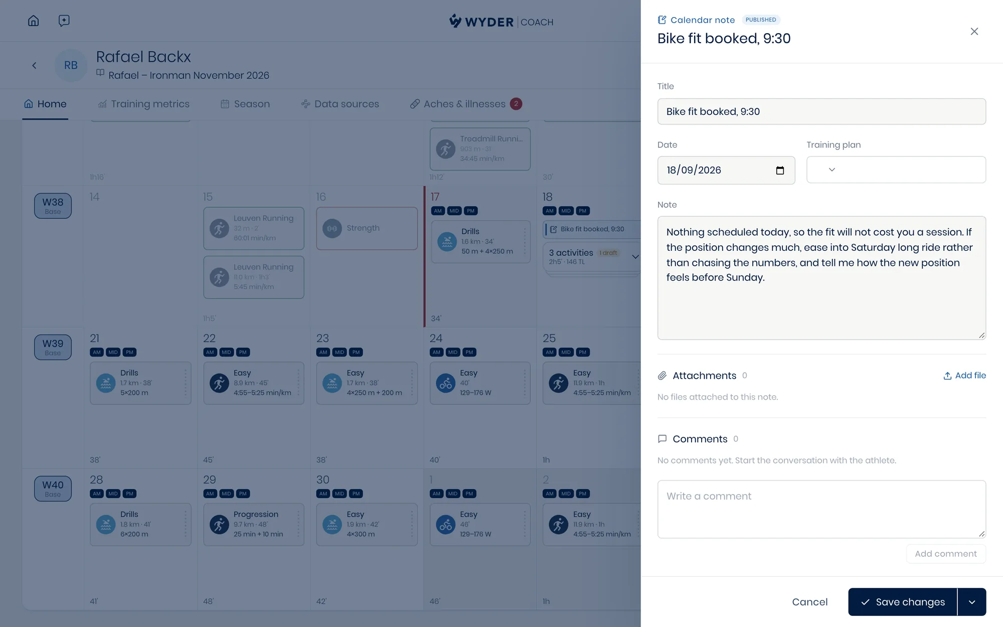 A calendar note open, with its guidance, attachments and comment thread