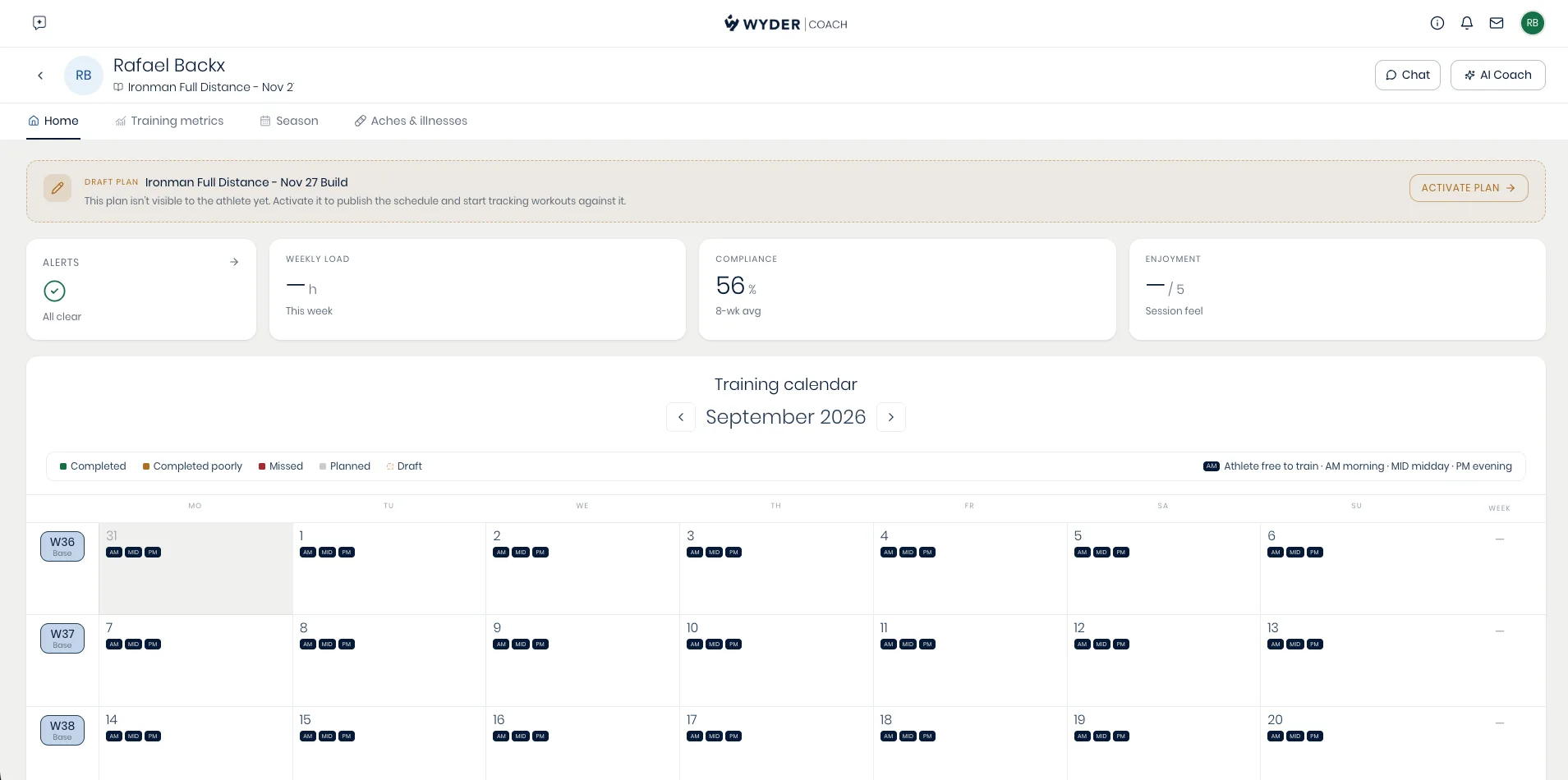A draft plan banner on an athlete's Home tab, with the option to activate it