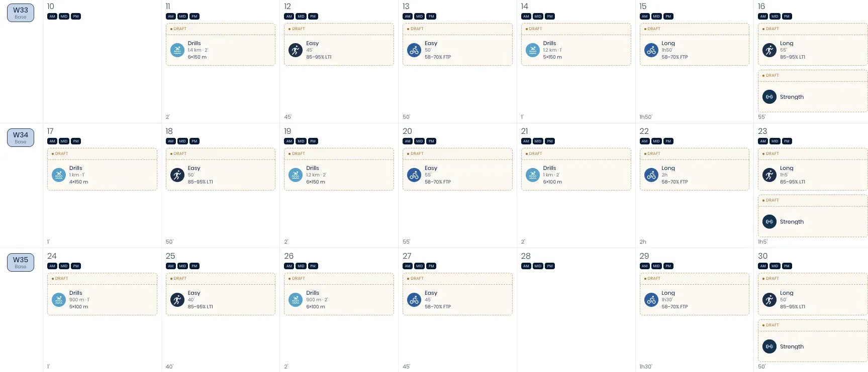 An athlete's monthly calendar, with a run of workouts still flagged as drafts