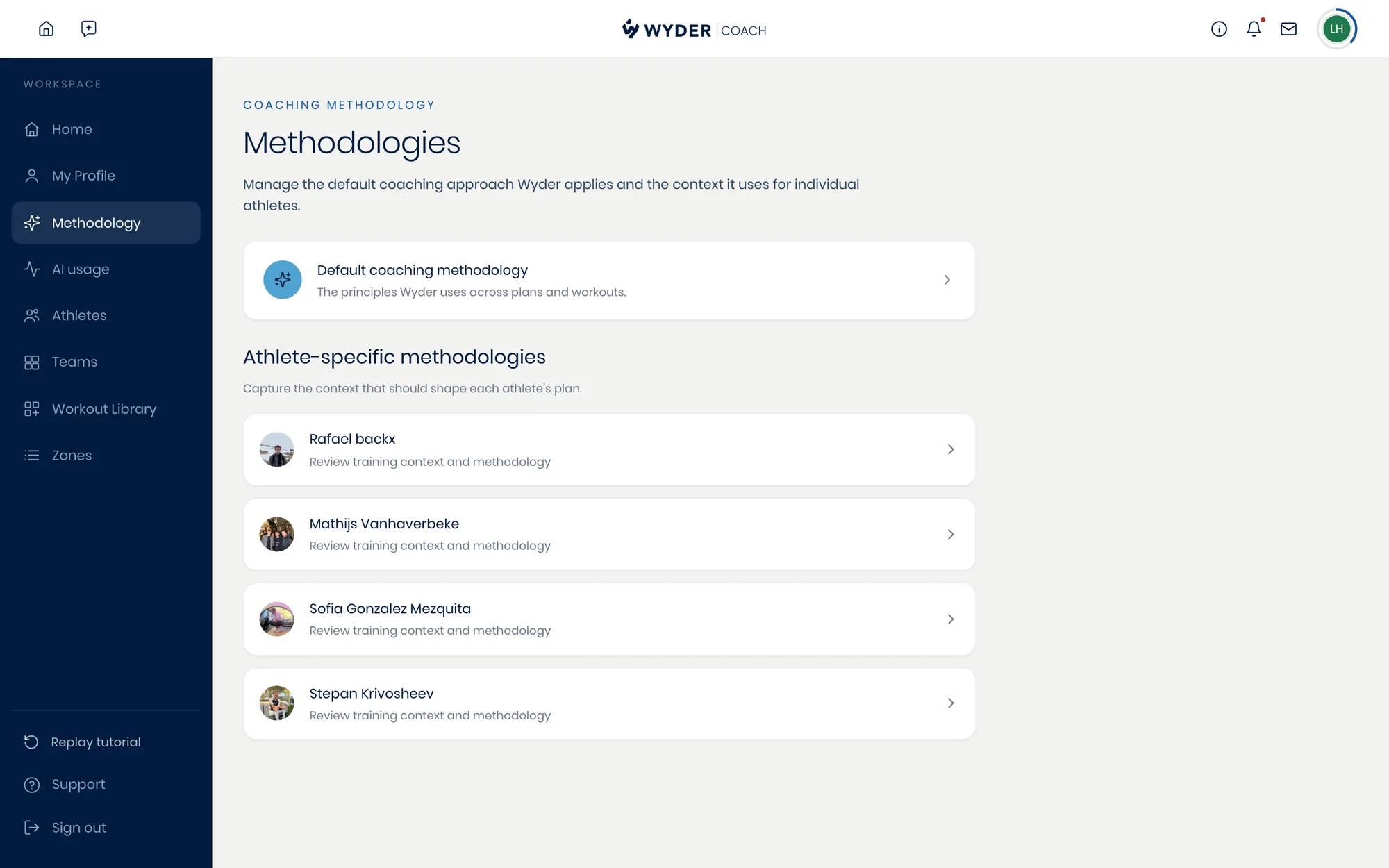 Athlete-specific methodologies, listed alongside the default coaching methodology in your workspace