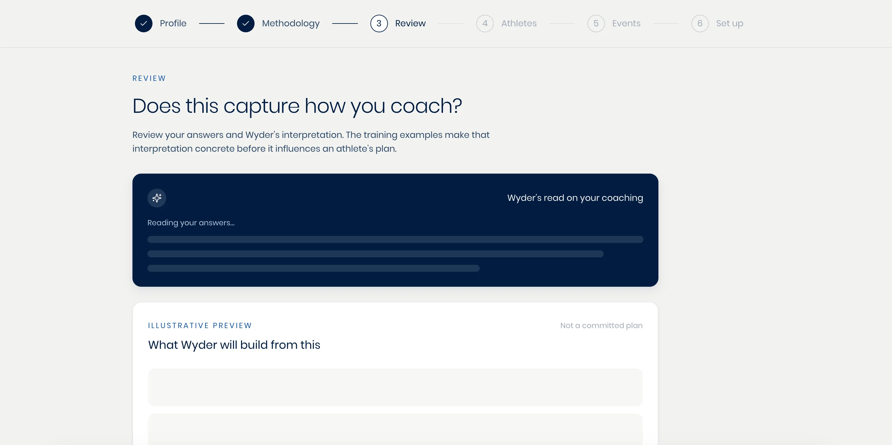 The methodology review screen, showing Wyder's AI-generated read on your coaching while it loads