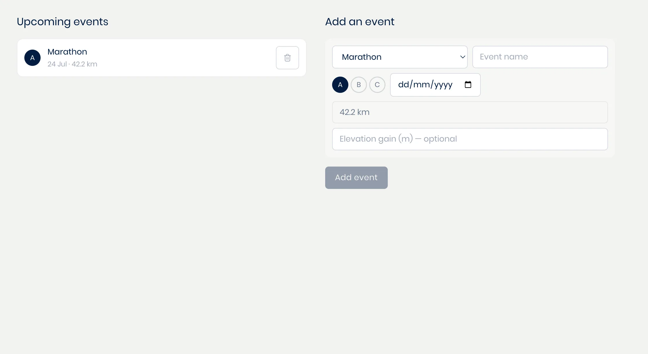 The goal screen shown when setting up a new athlete, with an event name, priority, distance, and date