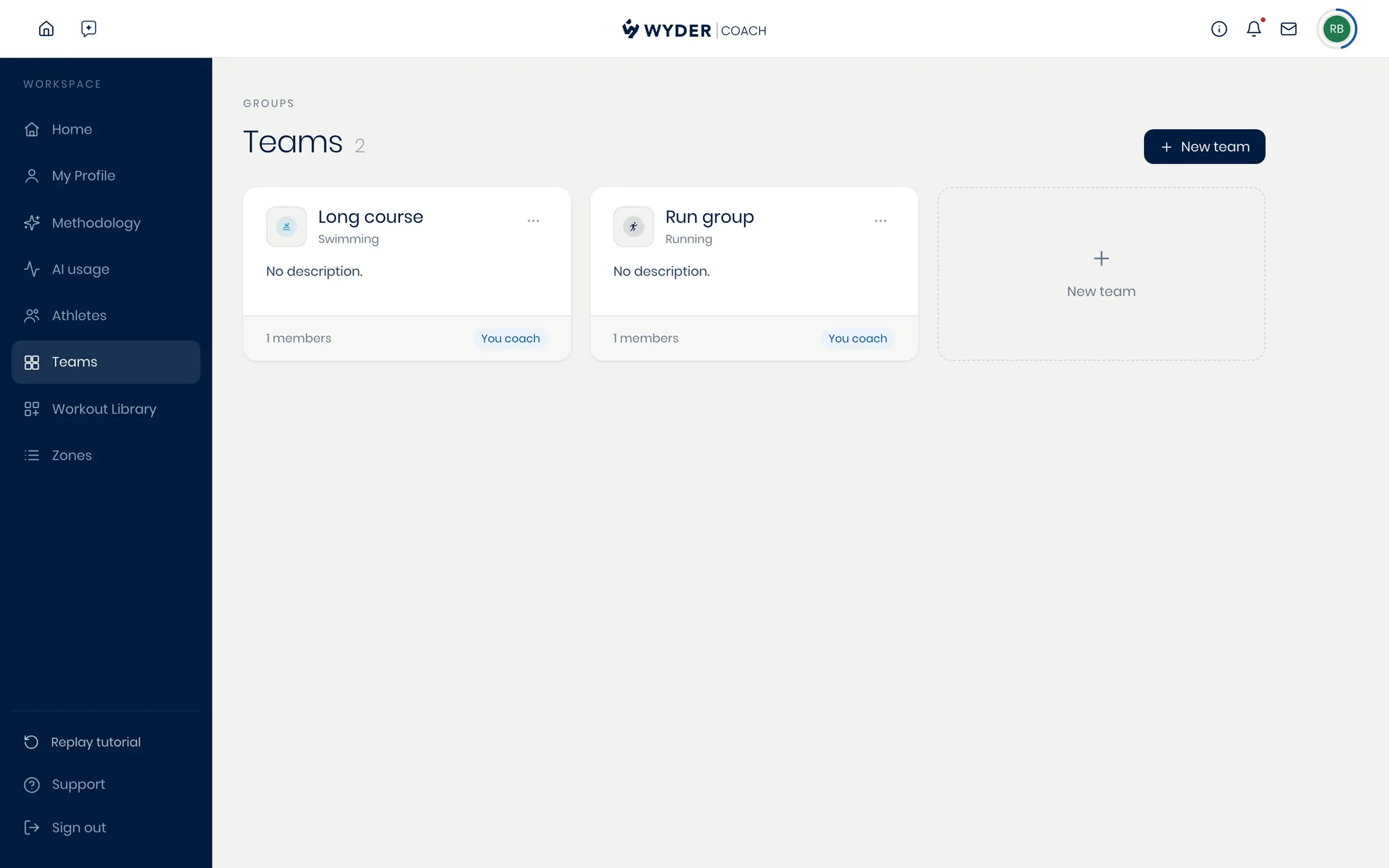 The Teams page in your workspace, where you create a new team