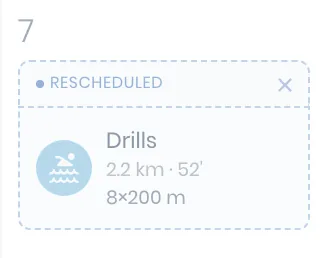 A workout card marked Rescheduled, dashed and set apart from an ordinary session