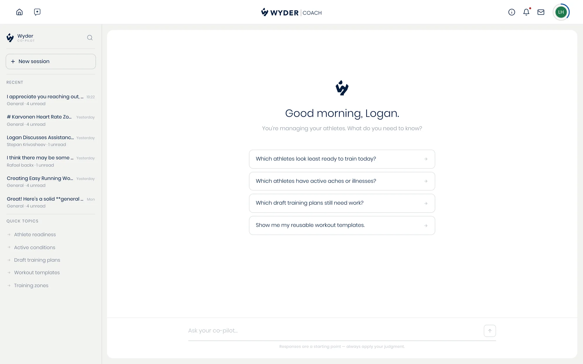 The roster-wide co-pilot, with recent conversations, quick topics, and suggested questions to start from