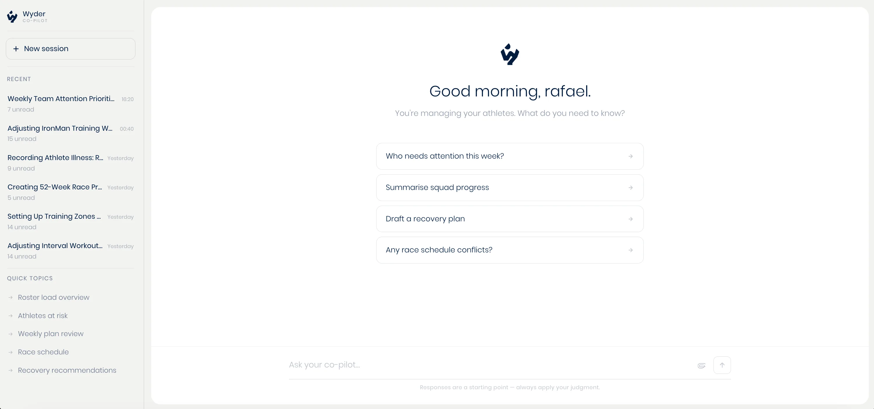 The roster-wide co-pilot, with recent conversations and a suggested-question chip bar