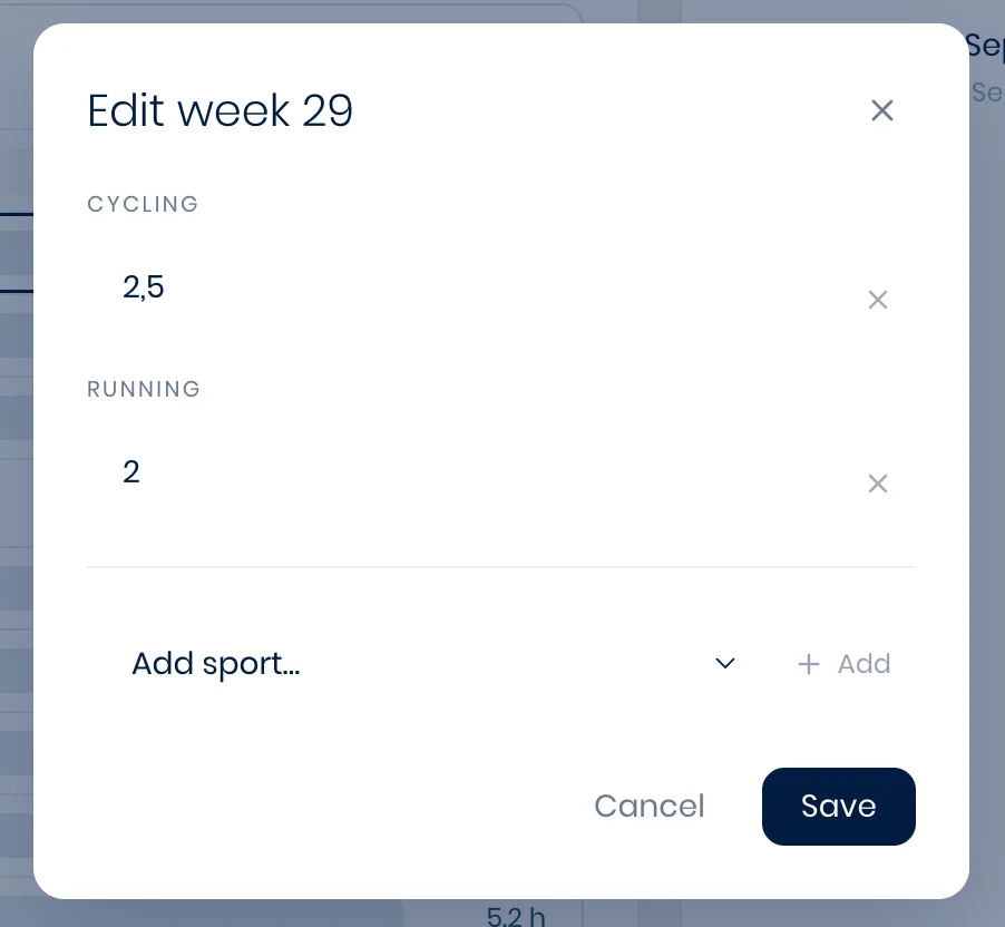 The week load selector, setting a target training load in hours per sport for a specific week