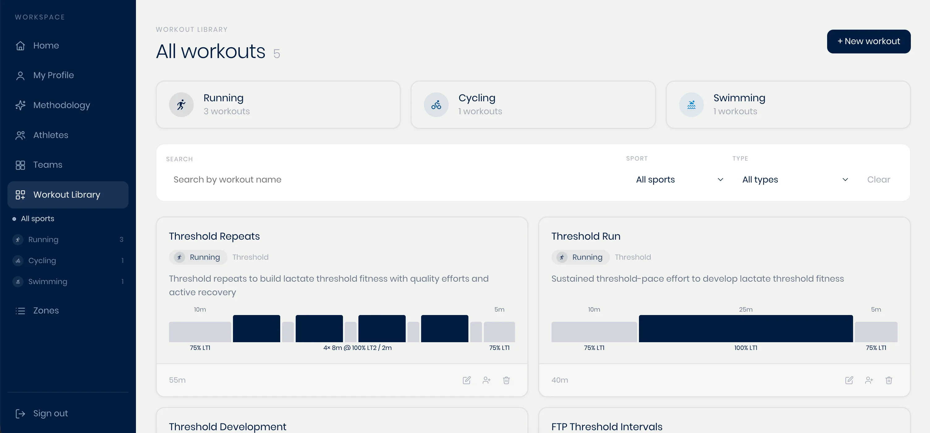 The workout library, showing saved templates filtered by sport