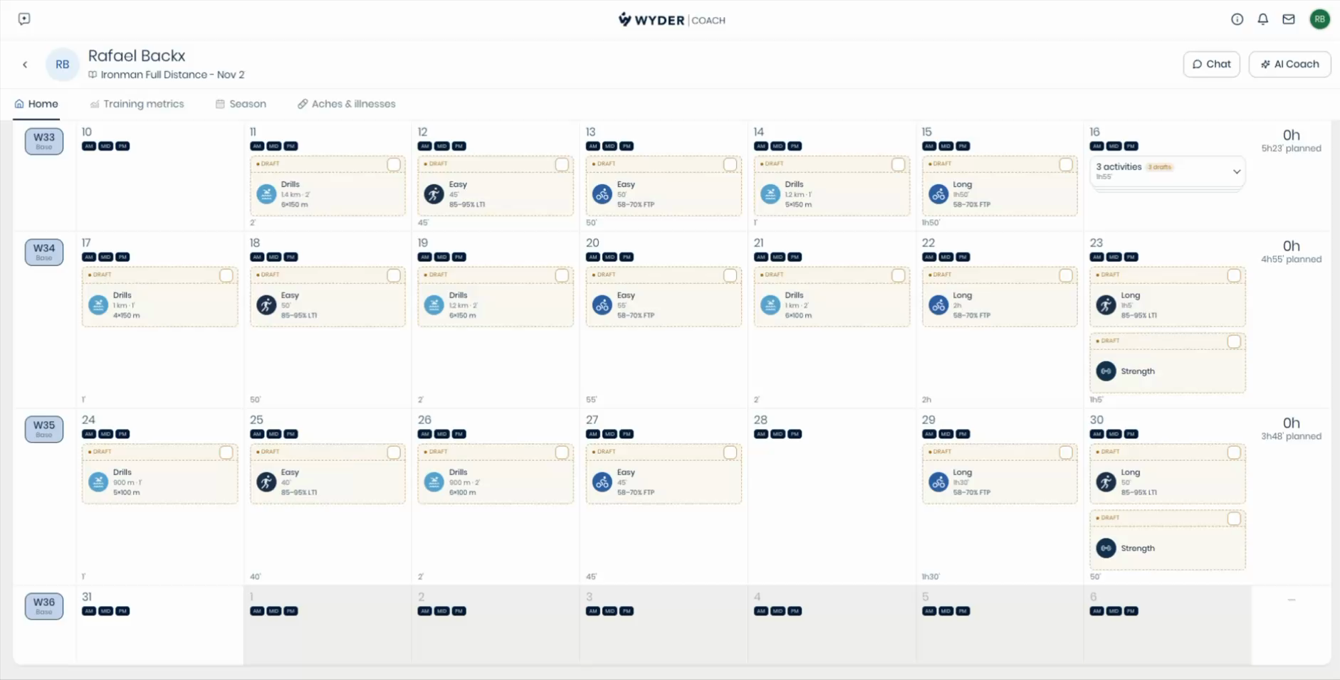 Clicking Add workout on a specific date to manually schedule a session for that day