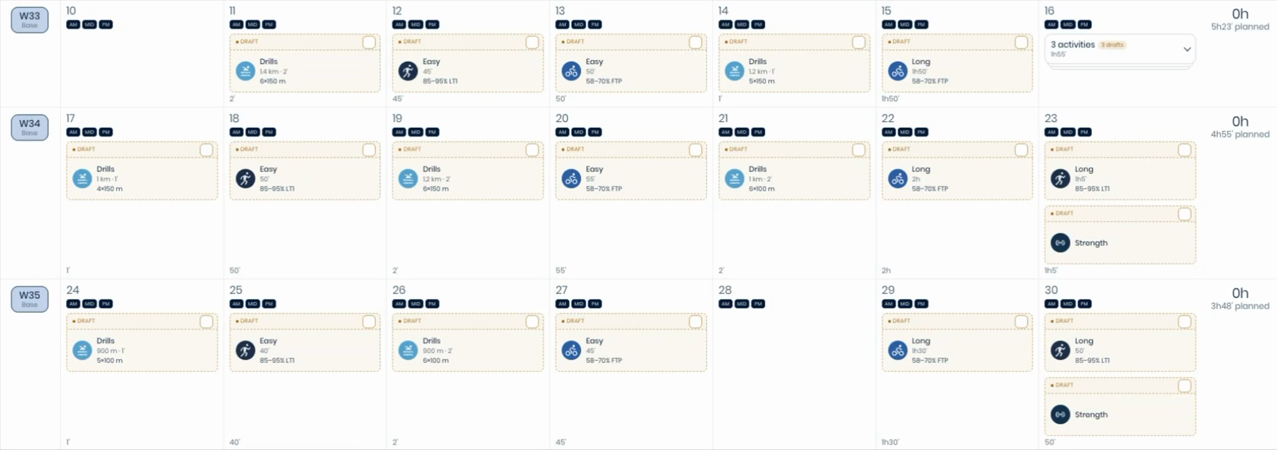 Hovering a workout to preview its structure, and expanding a day with three or more stacked activities